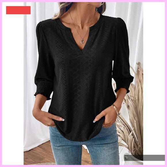 Women's 3/4 Sleeve V-Neck Blouse Hollow Out Business Casual Top - Picture 3 of 4